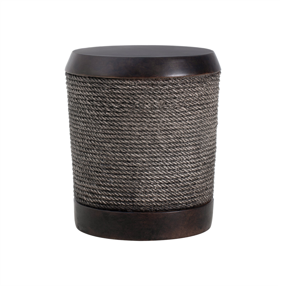 Circular vase-like object made of dark brown braided cord, placed on a similar base, with intricate patterns