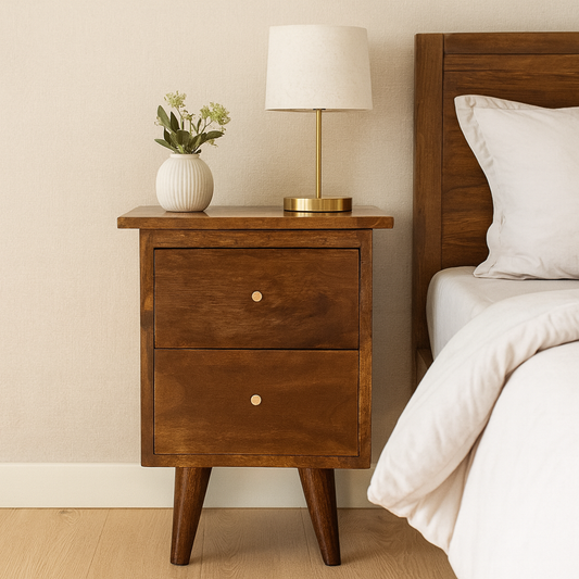A wooden bedside table with two drawers and a light and vase on top, next to a bed with white bedding.