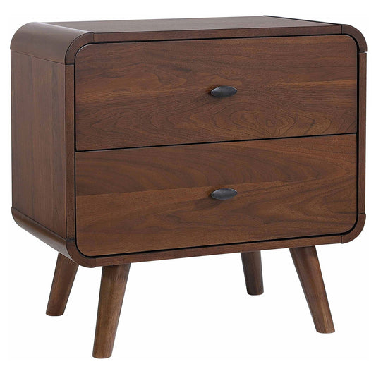 Walnut-colored nightstand with two drawers and splayed legs, showing smooth wood grain and dark handles in a minimalist style.