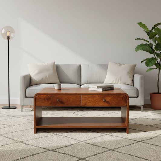 Dark brown solid wood coffee table with two drawers, placed in a room with a gray sofa and a potted plant, on a geometric-patterned rug.