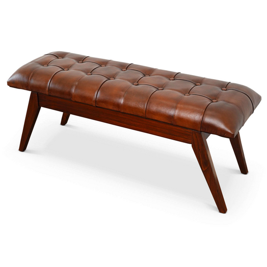 Mid Century Modern tan leather bench with dark wooden legs, glossy finish.