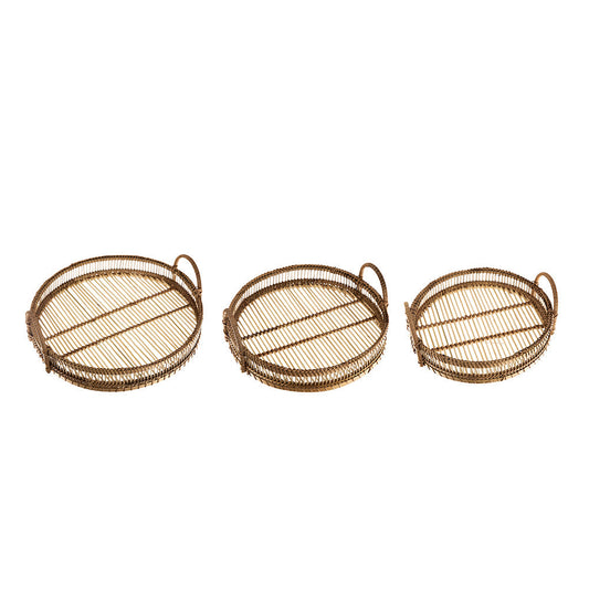 Set of 3 round brown bamboo woven trays with handles against plain background.