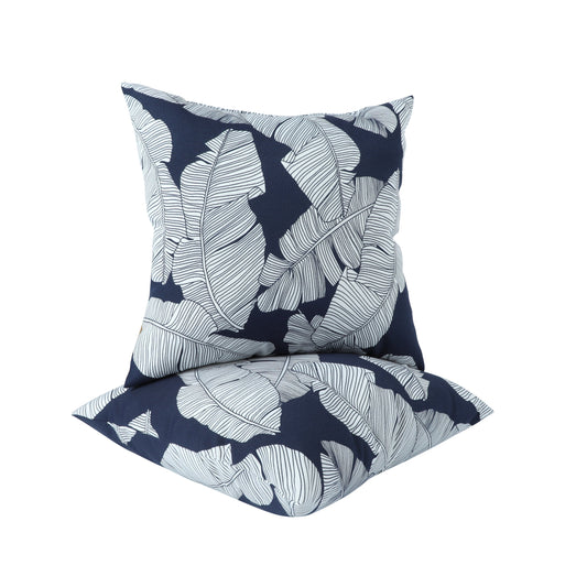 2x outdoor throw pillows, blue Leaf pattern on dark fabric, 18x18 inch, on plain white background
