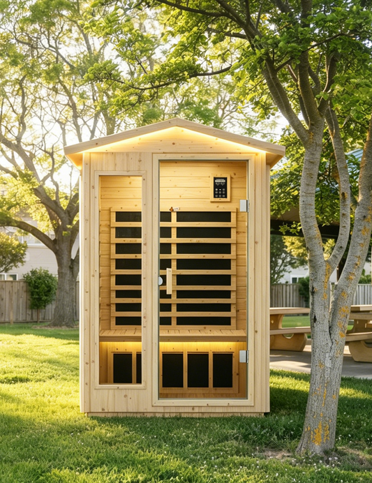 XY-902VY Far Infrared Sauna Room in natural wood, outdoor setting under trees