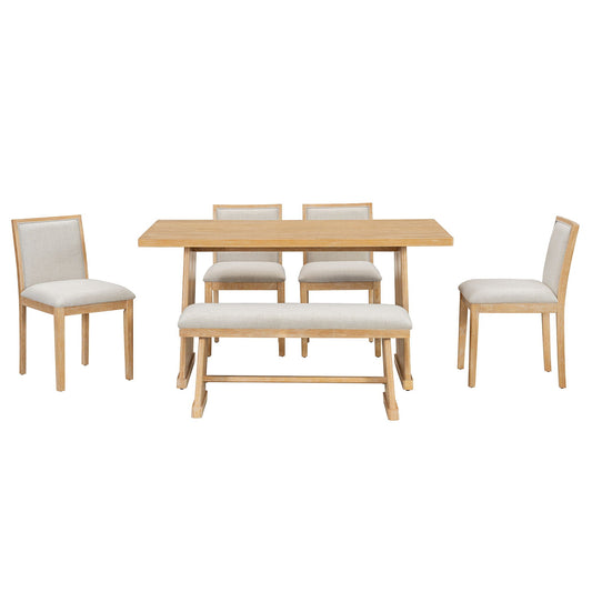 A dining set with a wooden rectangular table and four upholstered chairs, all with light beige cushions, and a wooden bench.