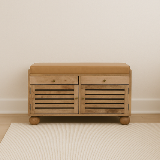 Rectangular wooden furniture with 2 drawers and 4 storage compartments, upholstered with a leather-like material on top, resting on a beige textured rug in a minimalist setting.