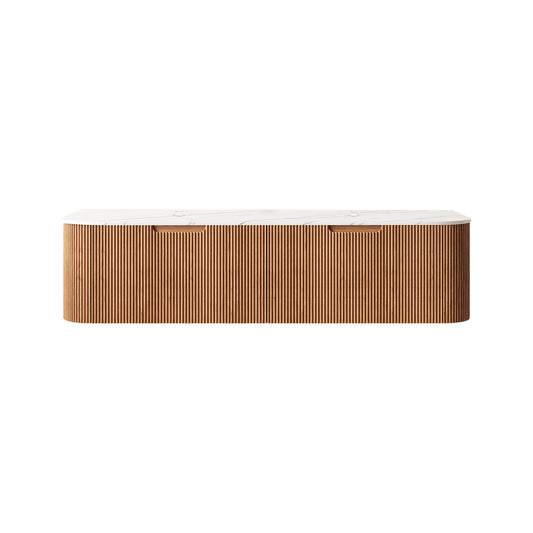 Wooden wall mounted cabinet with white marble top and visible grain patterns on the cabinet surface