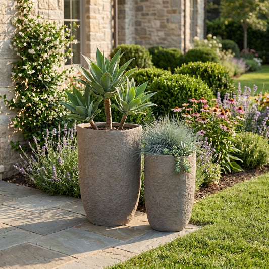 Tall, textured concrete planter pots in stone, planted with succulents and a palm, set on a stone path with stone buildings in the background.
