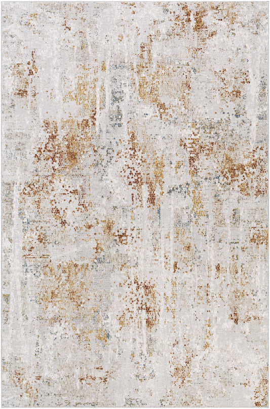 Abstract patterned area rug with beige, brown, and grey tones.