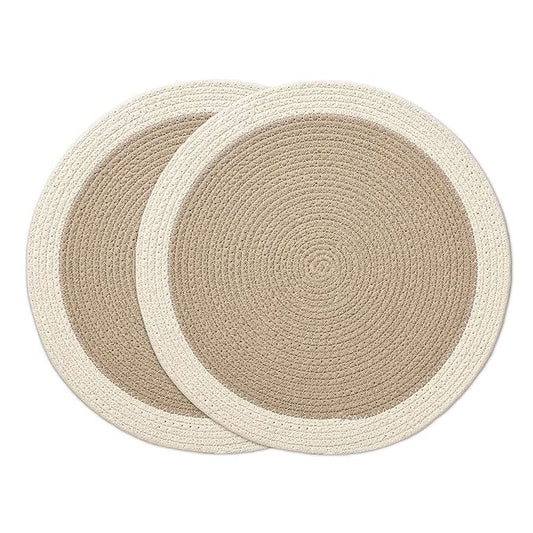 Two woven placemats with contrasting beige and off-white colors, 33 cm each.