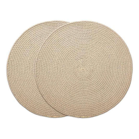 A set of two round cotton placemats in a neutral beige color, with a woven texture.