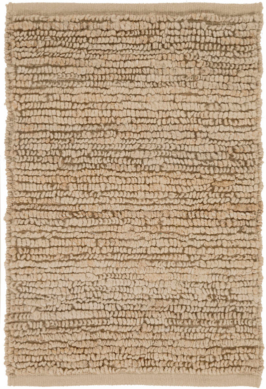 Natural braided jute carpet with intricate texture and beige color.