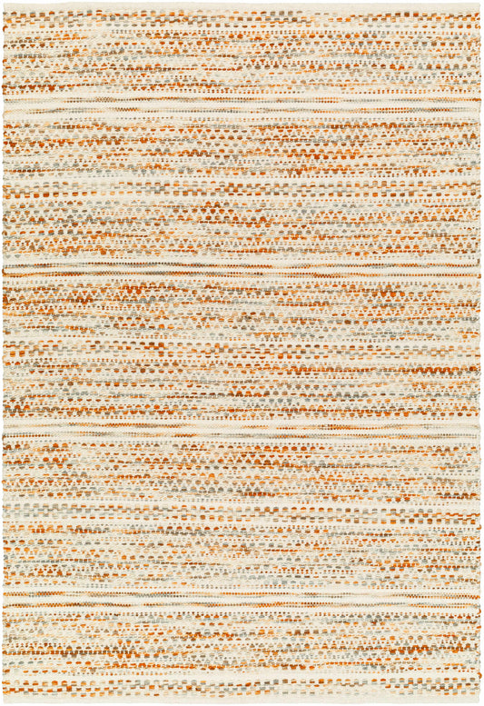 Griet Hand Woven Wool Rug with varied orange and neutral tones on white background.