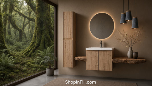 24" Wall-Mounted Bathroom Vanity With Sink and Side Cabinet, wooden finish, white sink, beige walls, forest view