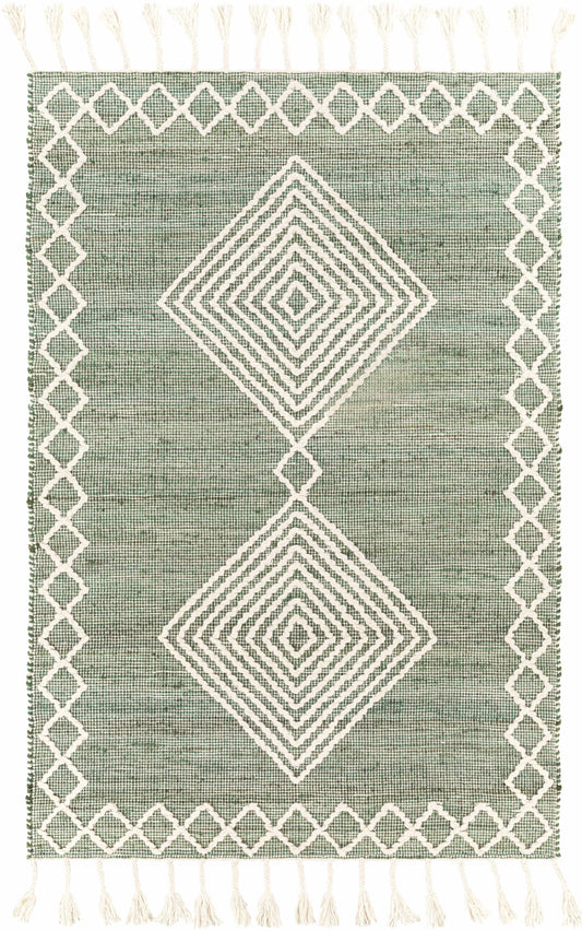 Guayan Tasseled Jute&Wool Rug with green base and white diamond pattern, bordered in white woven tassels, showing product.