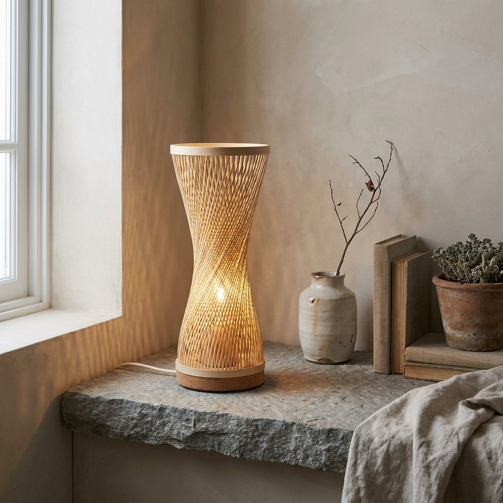 Handcrafted Bamboo Hourglass Table Lamp | Spiral Woven Accent Desk Light