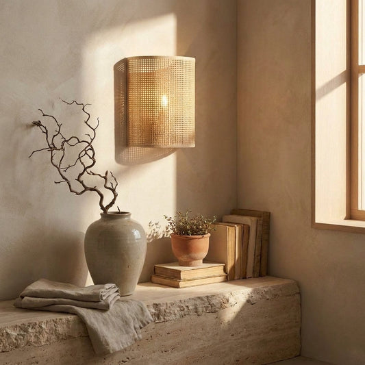 Handcrafted natural rattan half-circle wall sconce, woven mesh design, warm light.