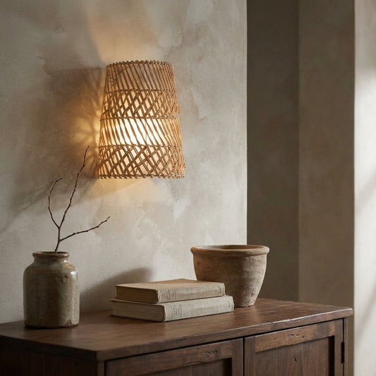 Rattan weave wall sconce casting light on textured wall, with books and jars on table