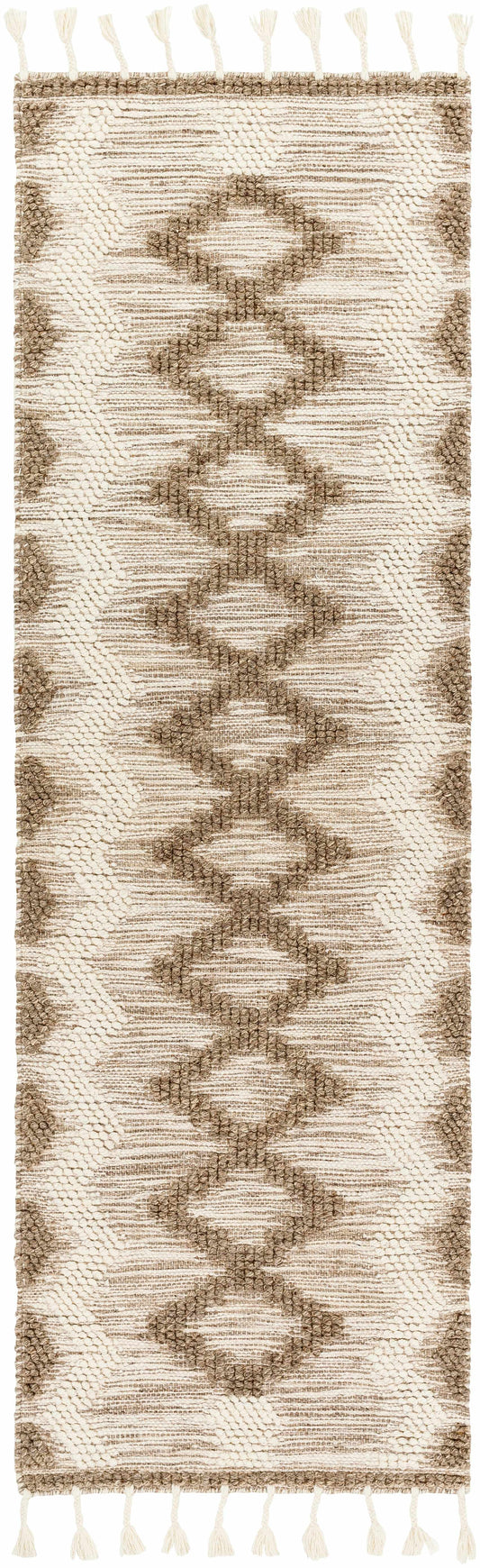 Neutral-toned jute rug with geometric detailing and tassels along the edges, showing a natural texture and earthy color palette.