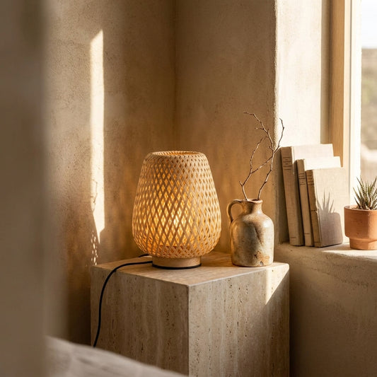 Hollow woven bamboo table lamp on a stone pedestal, bedside table setup with minimal decor, warm lighting, rustic charm.