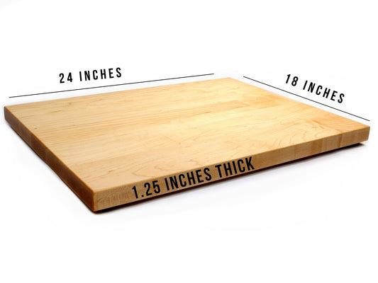 24x18x1.25 inch wooden cutting board, maple hardwood, shown against white background