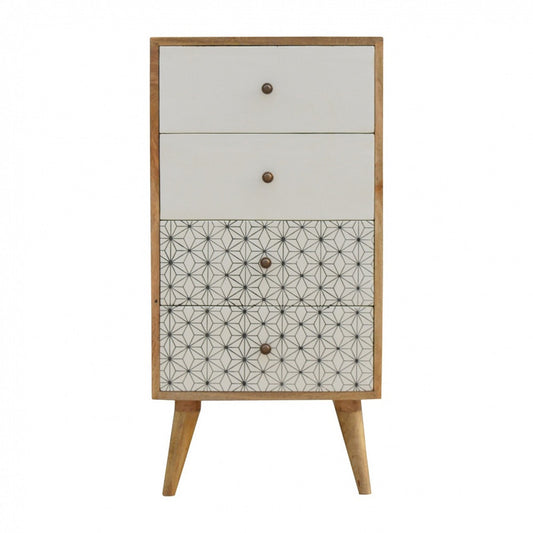 A tallboy dresser with a geometric pattern and minimalist design, featuring light wood and white painted surfaces with dark geometric lines.