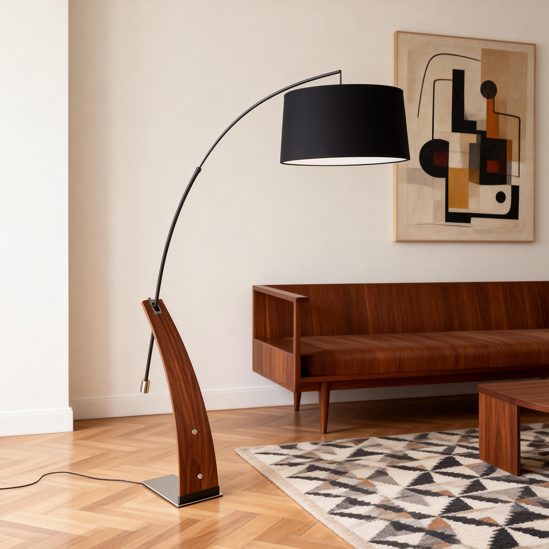 Mid-Century Modern Floor Lamp – Arched Walnut Wood Frame, Marble Base & Linen Drum Shade