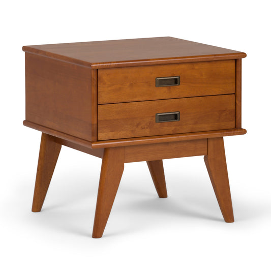 Teak mid century vintage-style side table with two drawers, standing on spindly legs. Solid wood construction, dark brown finish.