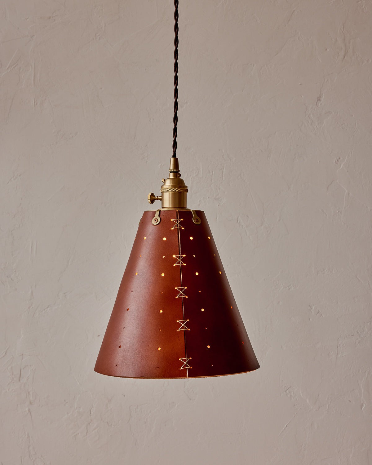 Leather Cone Pendant Light Perforated Shade, Tan leather
