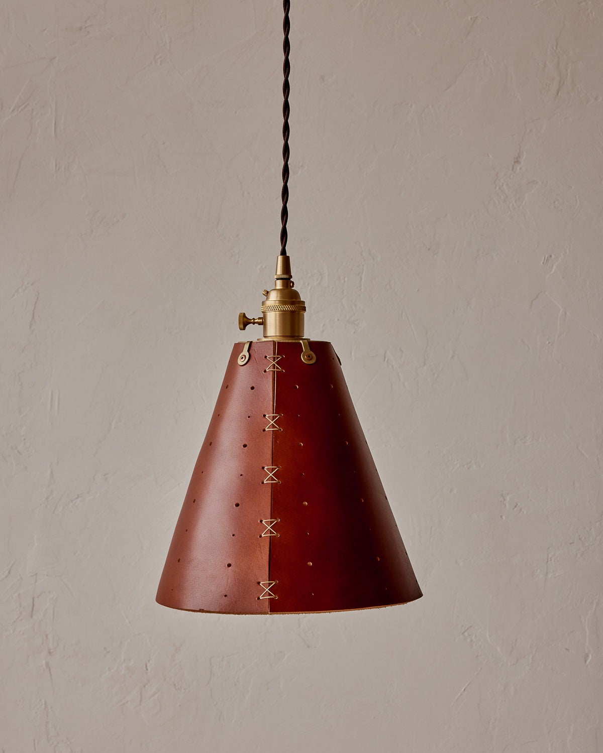Leather Cone Pendant Light Perforated Shade, Tan leather, side