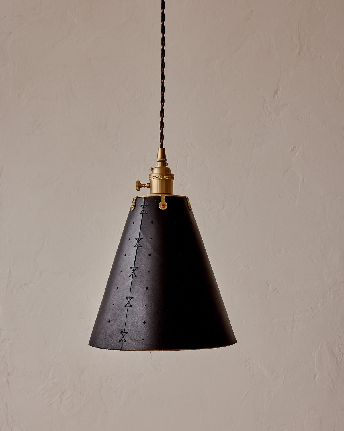 Leather Cone Pendant Light Perforated Shade, Black leather