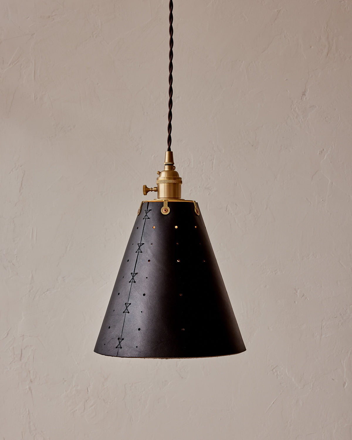 Leather Cone Pendant Light Perforated Shade, Black leather, side
