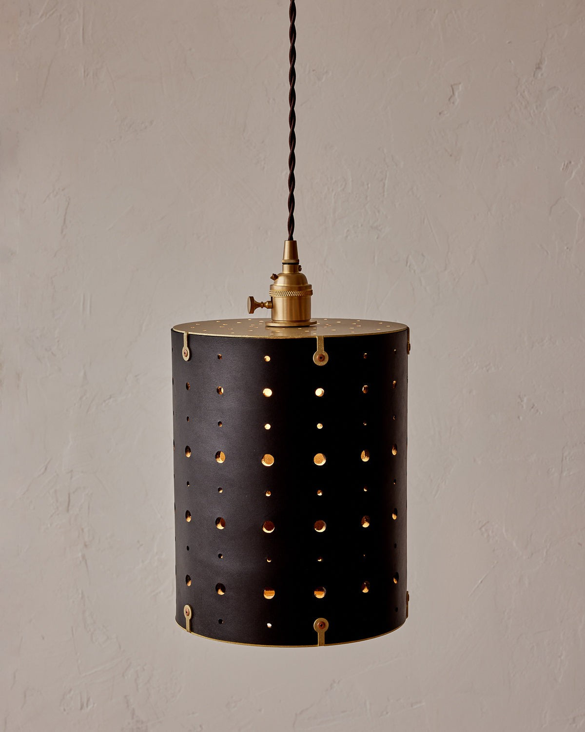 Leather Drum Pendant Light Perforated Plug-In, Black leather