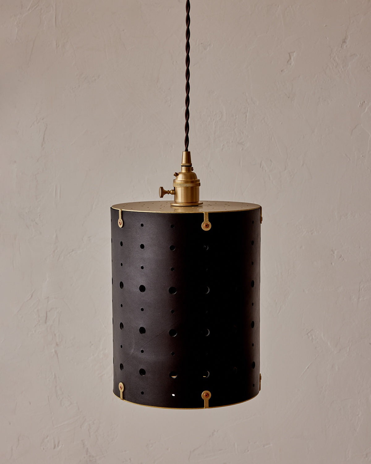 Leather Drum Pendant Light Perforated Plug-In, Black leather, side