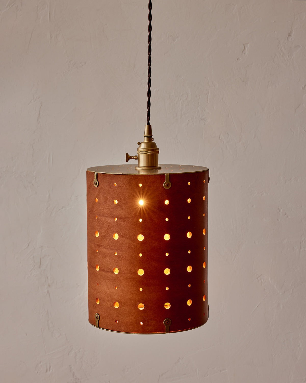 Leather Drum Pendant Light Perforated Plug-In, Tan leather
