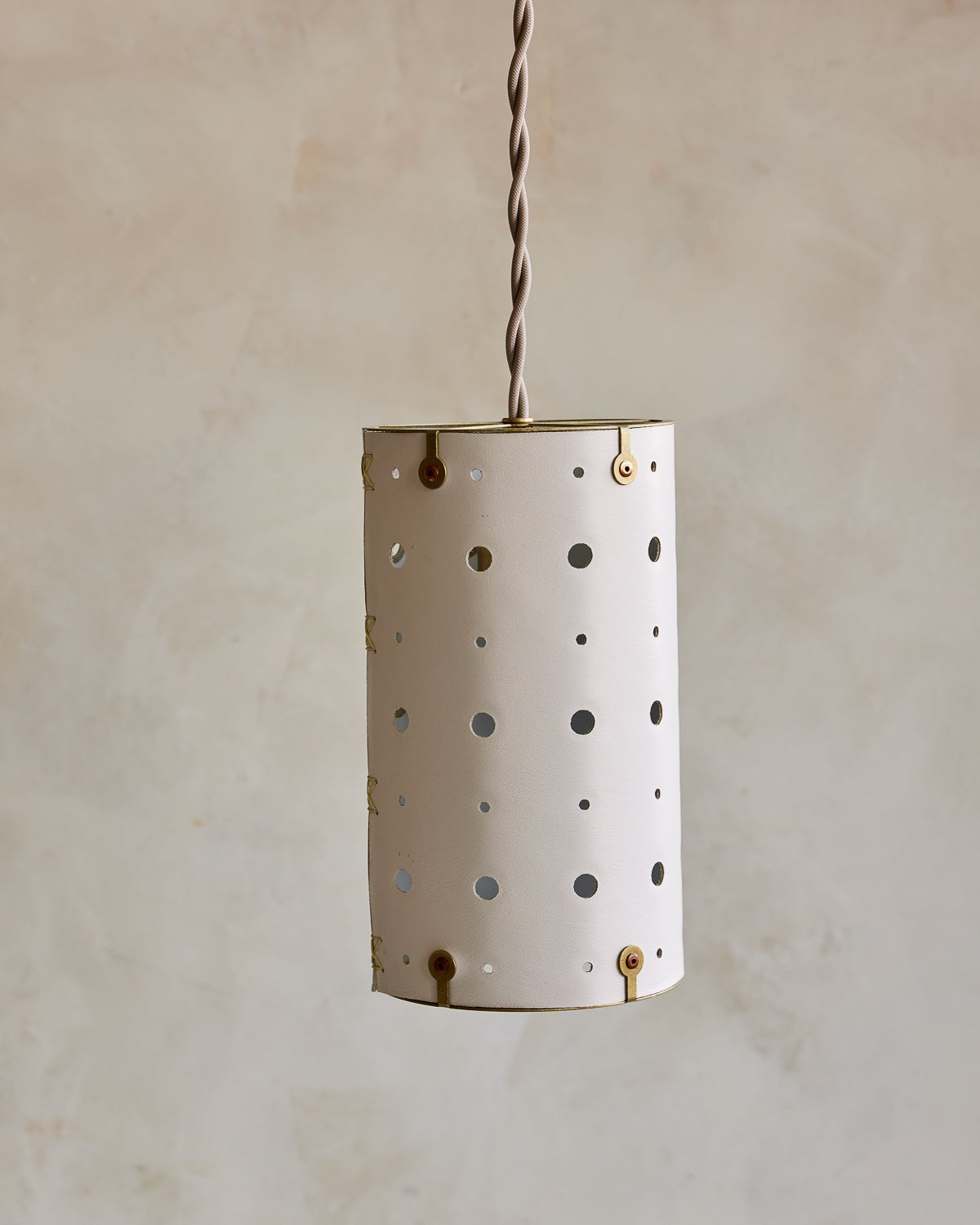 Leather Pendant Light Slim Perforated Cylinder, Dogwood leather