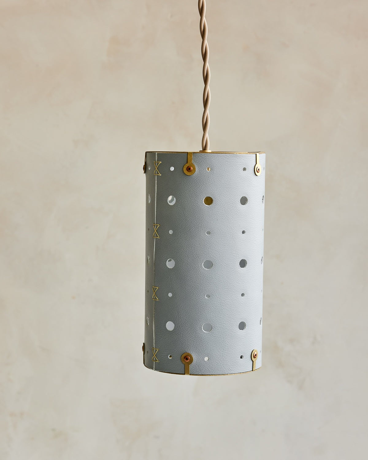 Leather Pendant Light Slim Perforated Cylinder, Cloud Blue leather