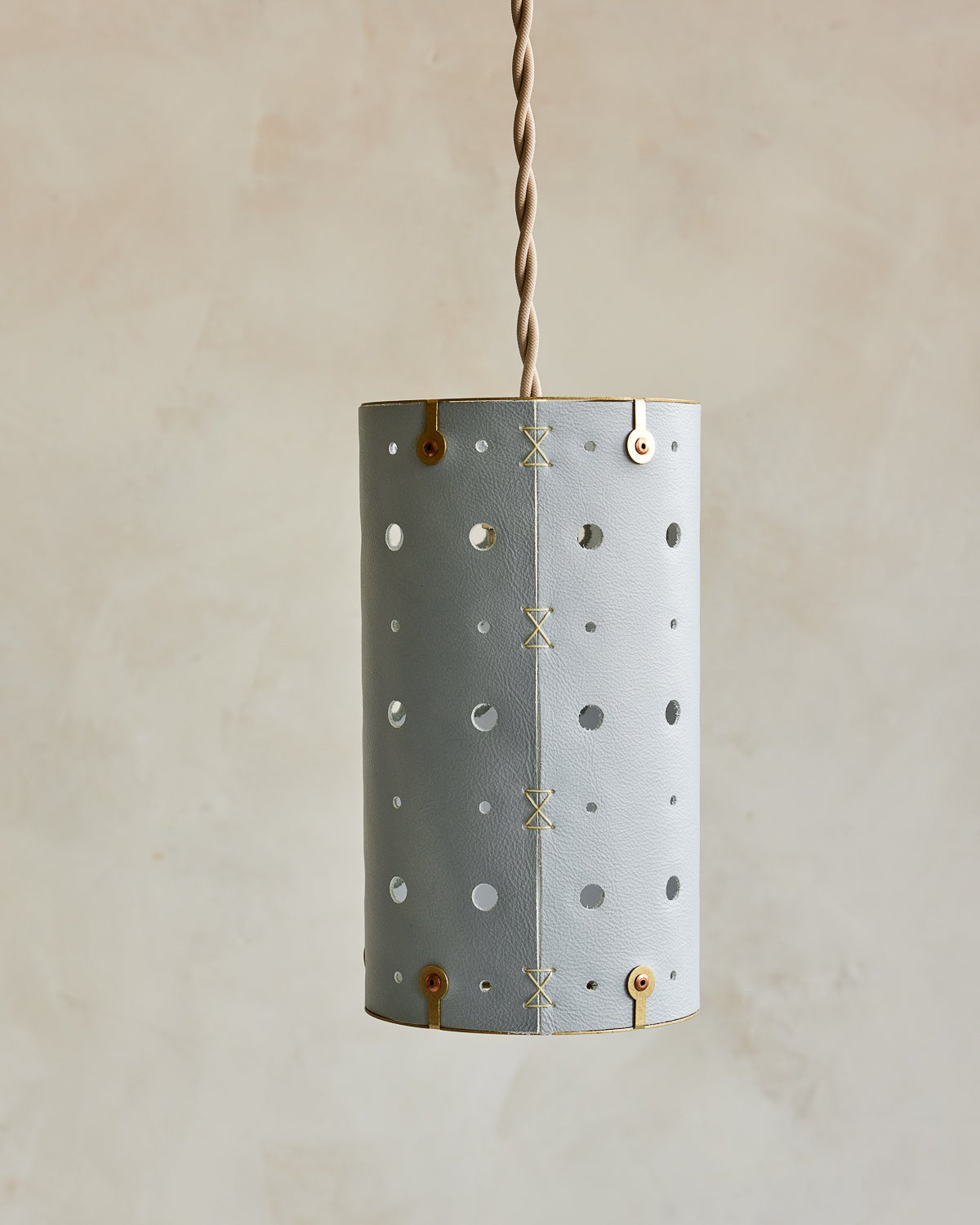Leather Pendant Light Slim Perforated Cylinder, Cloud Blue leather, side