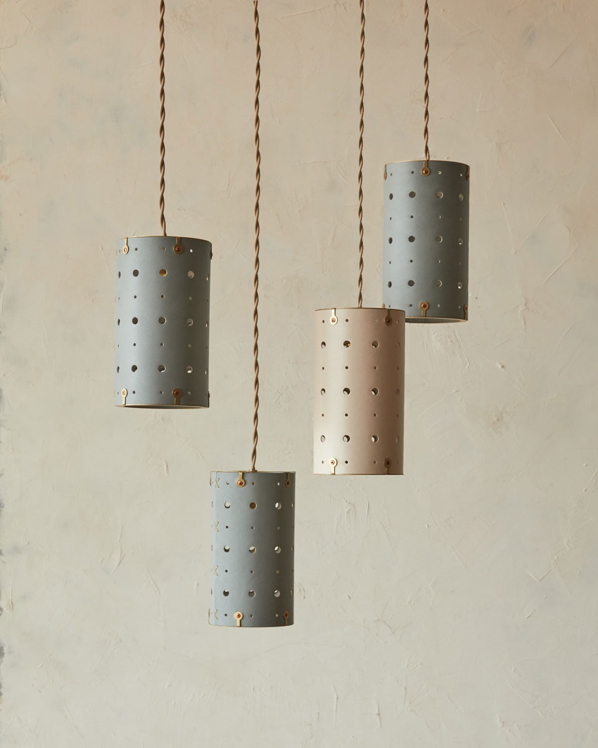 Leather Pendant Light Slim Perforated Cylinder, cluster of three