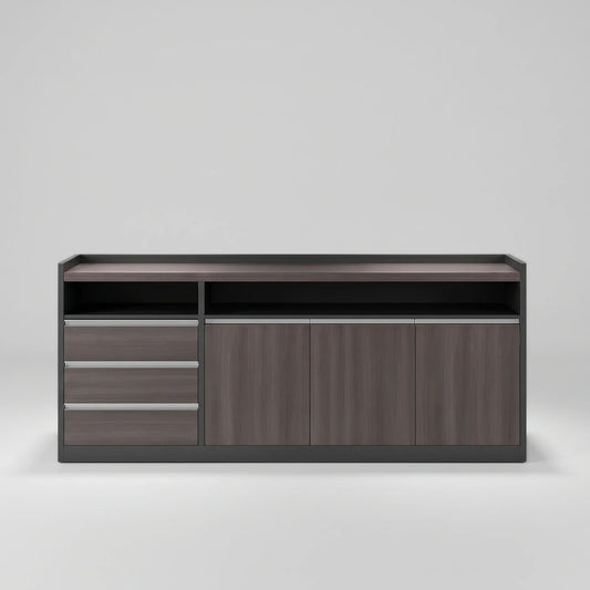 Modern gray cabinet with three drawers and three doors, set against a plain background.