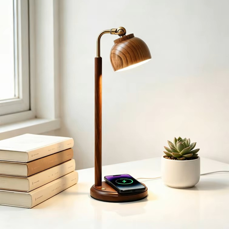 Wooden LED Desk Lamp with Wireless Charger | Multifunctional Bedside Light