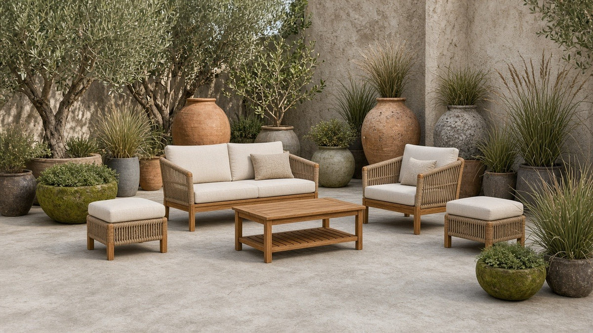 Acacia wood and rope patio sofa set lifestyle with planters