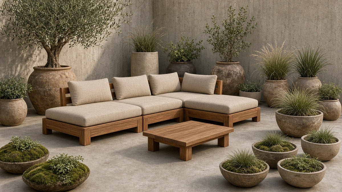 Acacia modular sectional daybed lifestyle with planters
