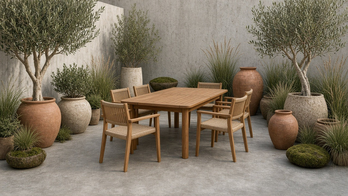 Julien teak outdoor dining set lifestyle with planters