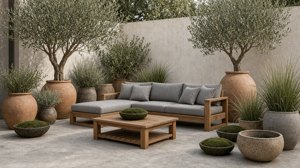 Wood structure outdoor sofa set lifestyle with planters