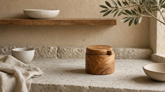 Mediterranean Olive Wood Salt Cellar Canister with Swivel Lid - kitchen lifestyle hero