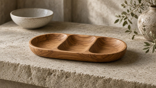 Olive Wood 3-Compartment Centerpiece Serving Tray - kitchen lifestyle hero
