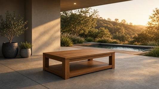 Tahoe acacia coffee table golden hour patio lifestyle v2