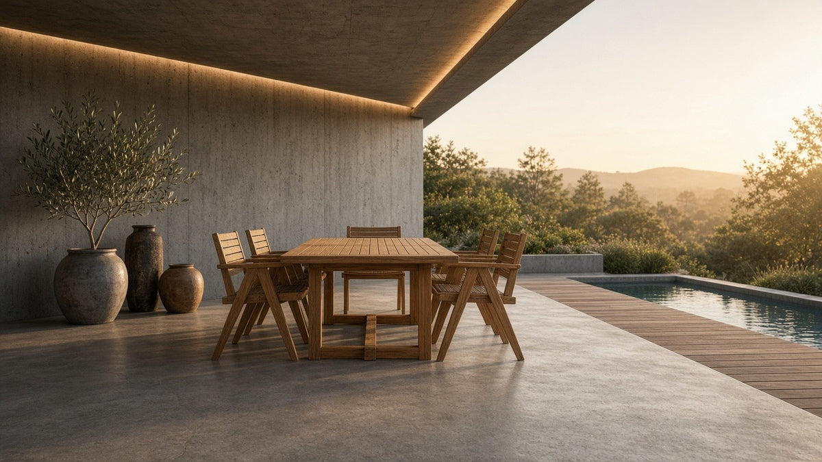 Julien teak dining golden hour patio lifestyle v2