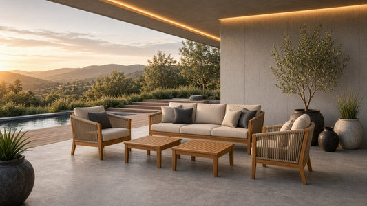 Acacia rope patio set golden hour architectural lifestyle v2
